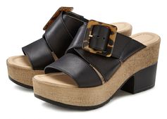 Lascana Slippers van leer met een licht plateau en modieuze gesp