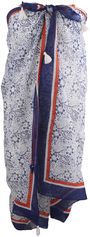 Donkerblauwe pareo met bloemenprint en kwasten franjes