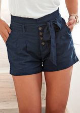 Short en knoopsluiting, korte broek, linnenbroek, zomershort (Met een bindceintuur)