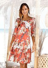 Jerseyjurk met bloemenprint en rok met volants, 3/4 mouwen, zomerjurk, strandjurk